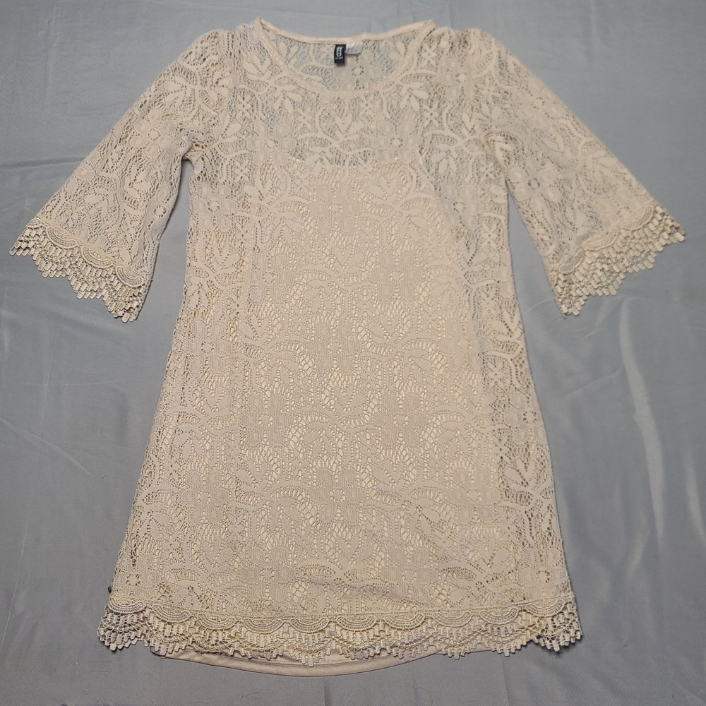 H&M Divided Lace Mini Dress Womens 8 Cream 3/4 Bell Sleeve Boho Floral Coquette